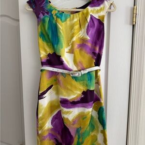 BCX Yellow, Purple & Teal Abstract-Print Midi Dress with White Belt